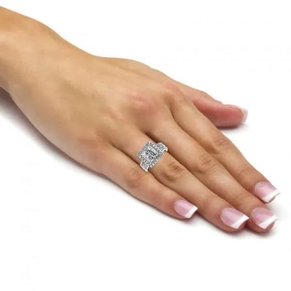 Unique Halo Diamond Engagement Ring Set in 18K White Gold Triple Row 441ct tw Princess Cut Round Brilliant Clarity Enhanced Diamonds Diamond Source NYC Rings