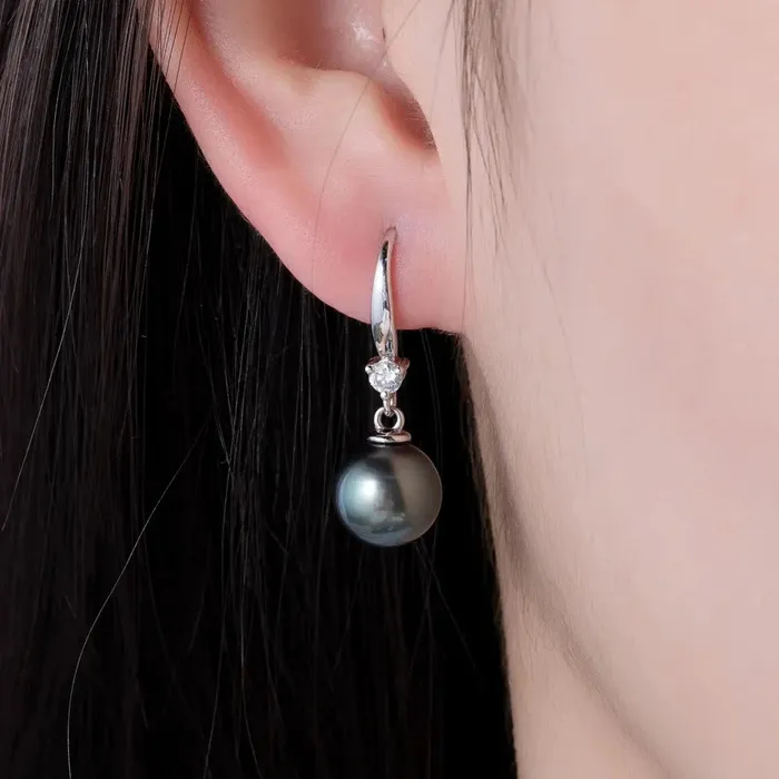18K WHITE GOLD PLATED SILVER 9 12MM TAHITIAN PEARL AND MOISSANITE DROP EARRINGS Luxus Moissanite Earrings