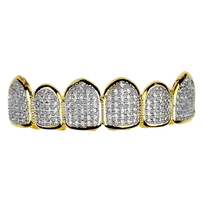14K Gold Plated Premium CZ Iced Two Tone Top Teeth Micro Pave Grillz Bling Cartel Admin Rings 14K Gold Plated Premium CZ Iced Two Tone Top Teeth Micro Pave Grillz Bling Cartel Admin Rings