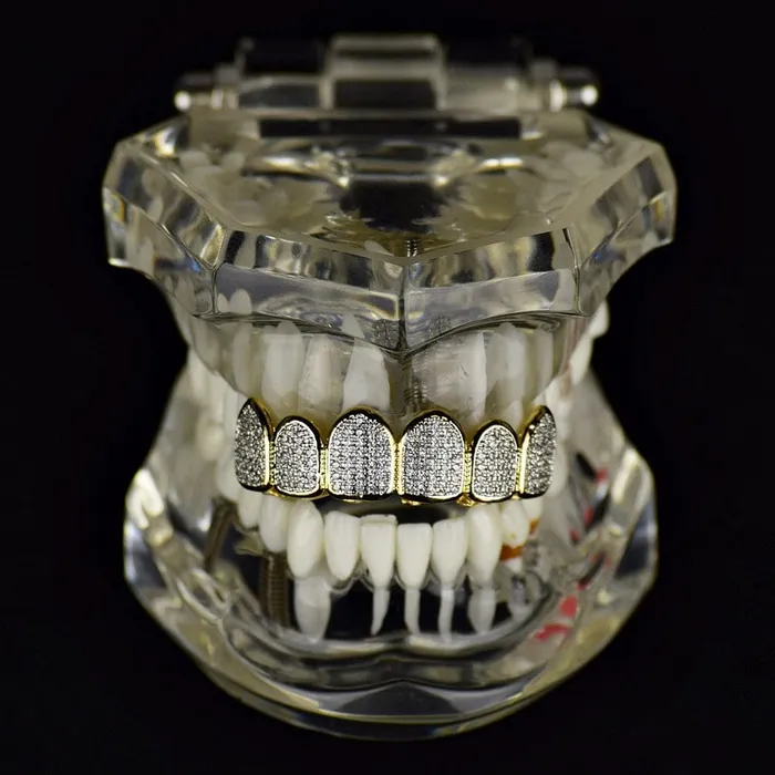 14K Gold Plated Premium CZ Iced Two Tone Top Teeth Micro Pave Grillz Bling Cartel Admin Rings