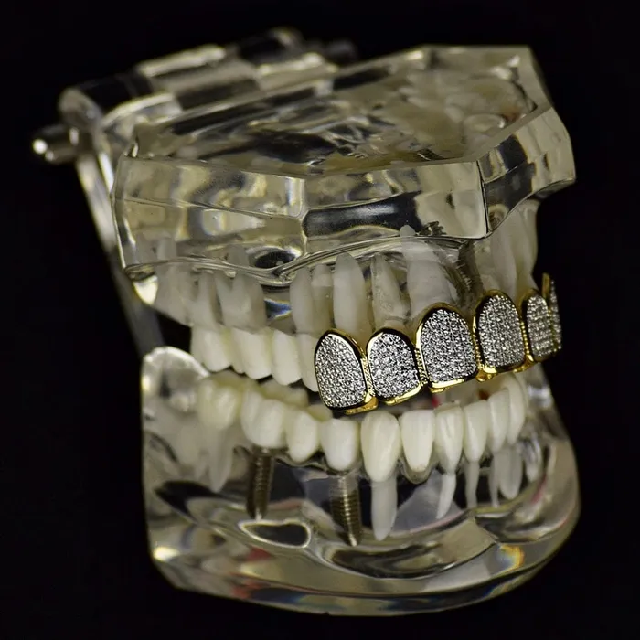 14K Gold Plated Premium CZ Iced Two Tone Top Teeth Micro Pave Grillz Bling Cartel Admin Rings