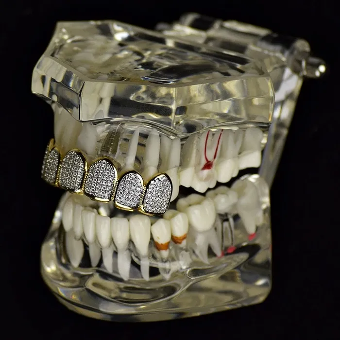 14K Gold Plated Premium CZ Iced Two Tone Top Teeth Micro Pave Grillz Bling Cartel Admin Rings