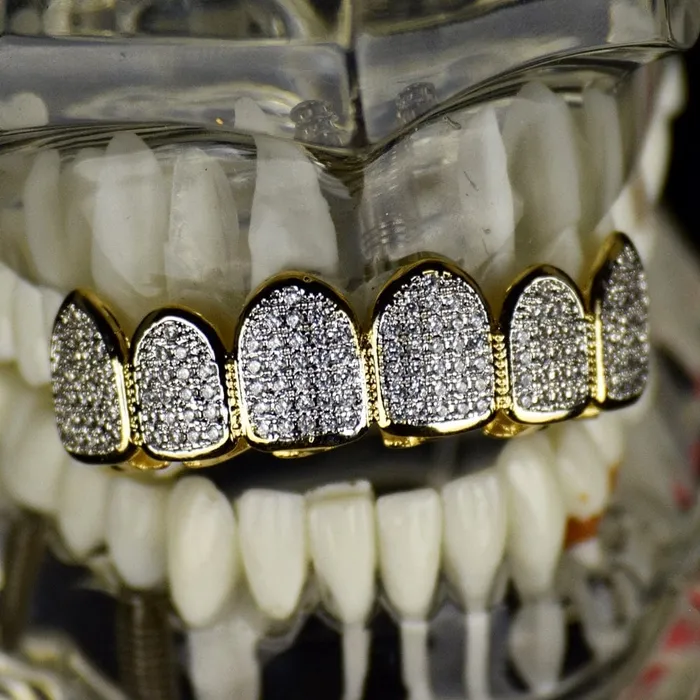 14K Gold Plated Premium CZ Iced Two Tone Top Teeth Micro Pave Grillz Bling Cartel Admin Rings