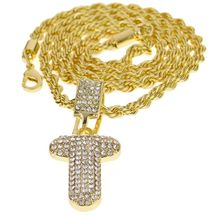Bling Cartel Admin Necklaces Bubble Letter T Gold Finish Rope Chain Necklace 24