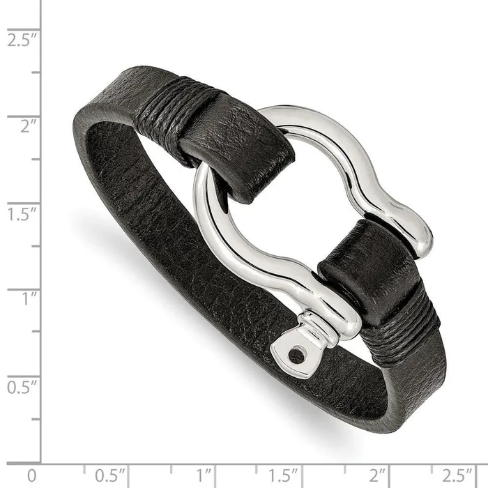 Bracelets Chisel Stainless Steel Polished Black Leather 825in Shackle Bracelet