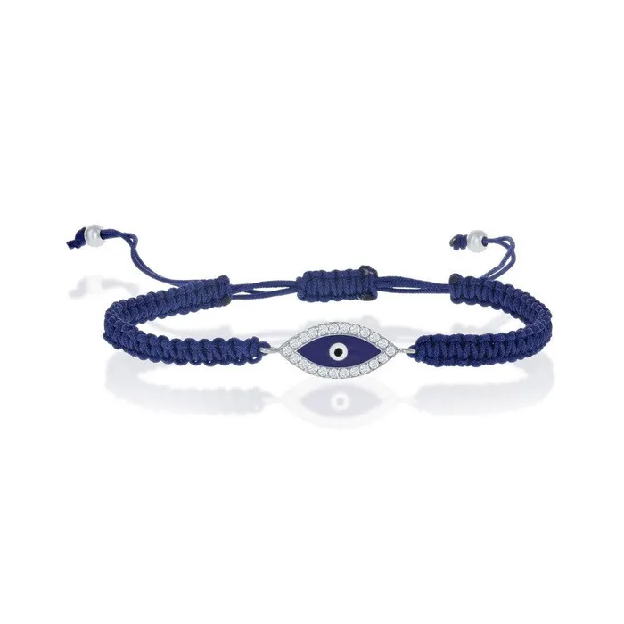 Bracelets Classic Sterling Silver CZ Evil Eye on Navy Blue Cord Bracelet 7