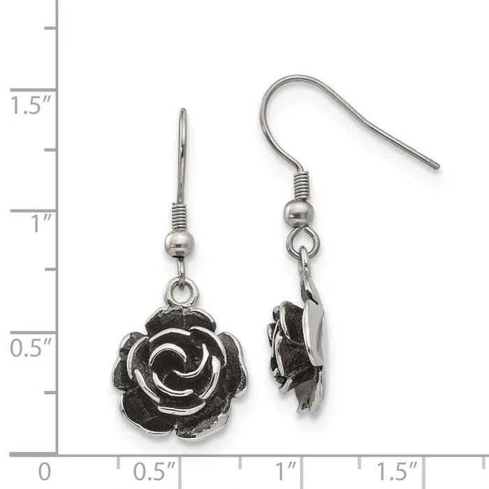 Chisel Earrings Stainless Steel Polished Antiqued Shepherd Hook Flower Earrings