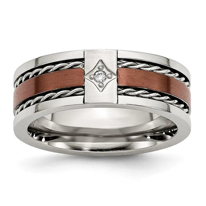 Chisel Rings Stainless Steel Brushed Brown IPplated wDiamond 8mm Polished Band
