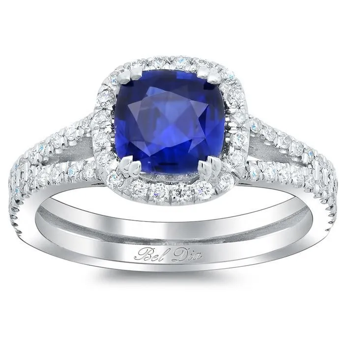 deBebians Rings Blue Sapphire Cushion Double Shank Halo Engagement Ring deBebians Rings Blue Sapphire Cushion Double Shank Halo Engagement Ring
