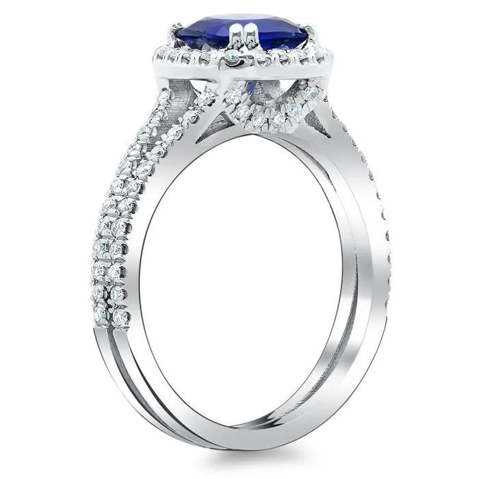 deBebians Rings Blue Sapphire Cushion Double Shank Halo Engagement Ring