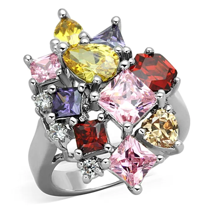 Ela Cocktail Ring Rhodium Brass AAA CZ Multi Color 3W599 Alamode Rings