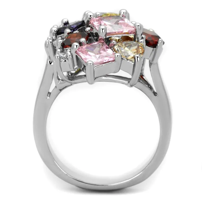 Ela Cocktail Ring Rhodium Brass AAA CZ Multi Color 3W599 Alamode Rings