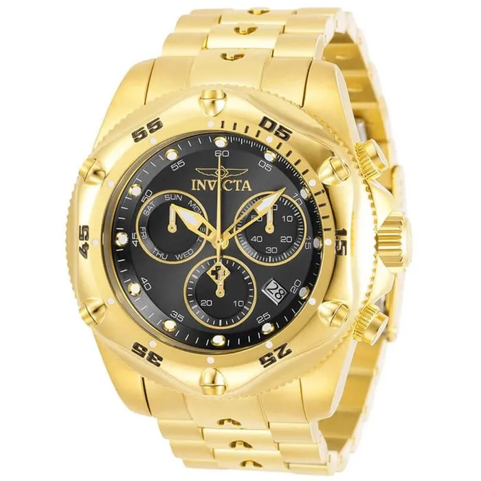 Invicta Bracelets Invicta Mens Chronograph Watch Pro Diver Black Dial Yellow Gold Bracelet 31609