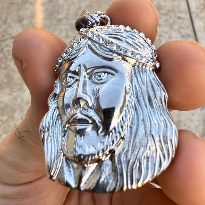 Necklaces Bling Cartel 316L Stainless Steel Jesus Head CZ Sausage Chain Necklace 24