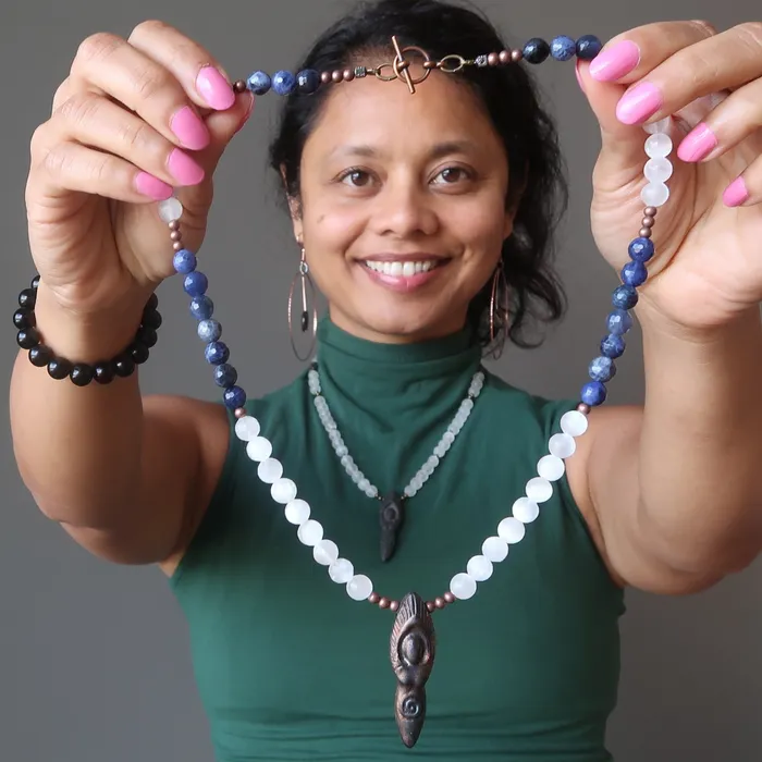 Necklaces Selenite Necklace Goddess Moon Blue Ocean Sodalite Satin Crystals
