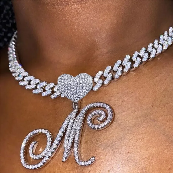 Necklaces VVS Jewelry Custom Heart Frosty Initial Cuban Necklace