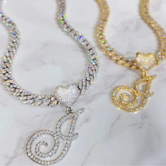 Necklaces VVS Jewelry Custom Heart Frosty Initial Cuban Necklace