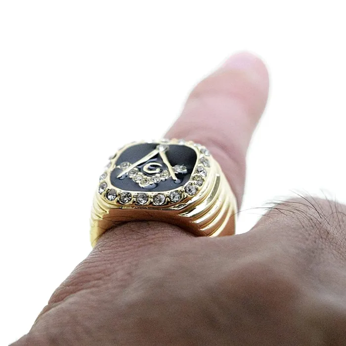 Rings Bling Cartel Admin Mason Masonic Gold Finish and Black Oil Square Ring