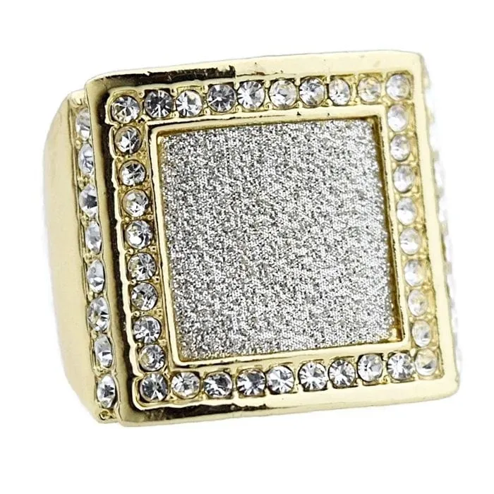 Rings Bling Cartel Admin Square Sand Blast Gold Finish Iced Hip Hop Ring