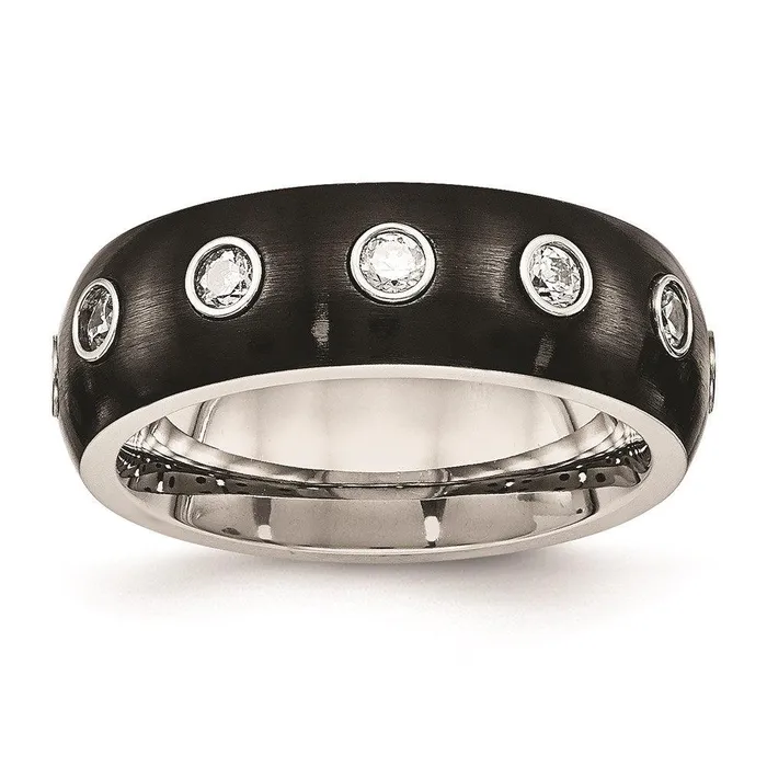 Rings Chisel Stainless Steel Brushed and Polished Black IP CZ Half Round Ring