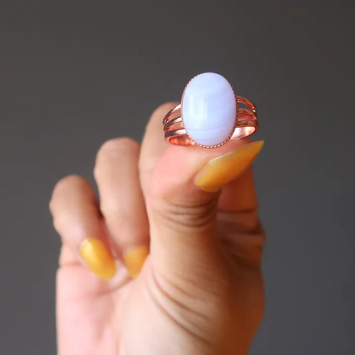 Rings Satin Crystals Blue Lace Agate Ring Cool Glacier Copper Adjustable