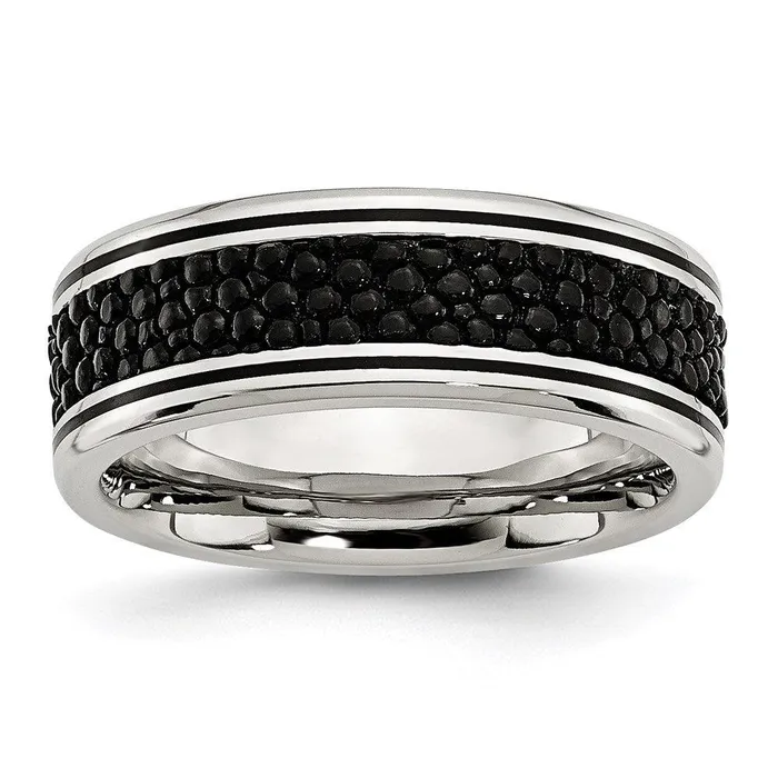 Rings Stainless Steel Polished GroovedGenuine Stingray Textured 8mm Ring Chisel
