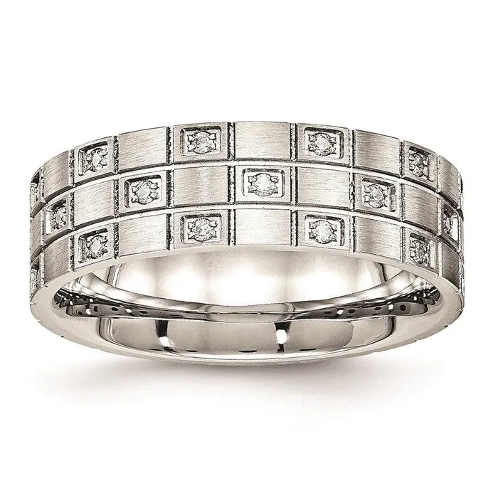 Stainless Steel Brushed Grooved CZ Ring Chisel Rings