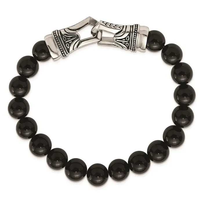 Stainless Steel Polished Antiqued Black Agate Stretch Bracelet Chisel Bracelets