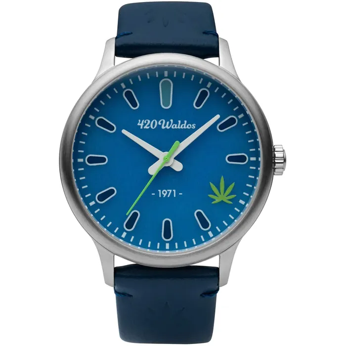 Watches 420Waldos 420Waldos Mens Watch Bud Quartz Steel Case Dark Blue Genuine Leather Strap W1005