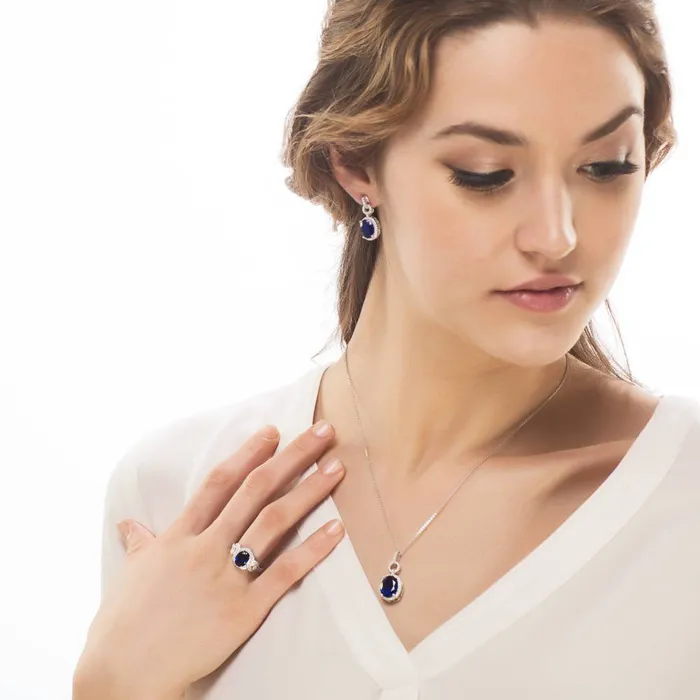 BERRICLE Necklaces Halo Simulated Blue Sapphire Oval CZ Necklace in Sterling Silver