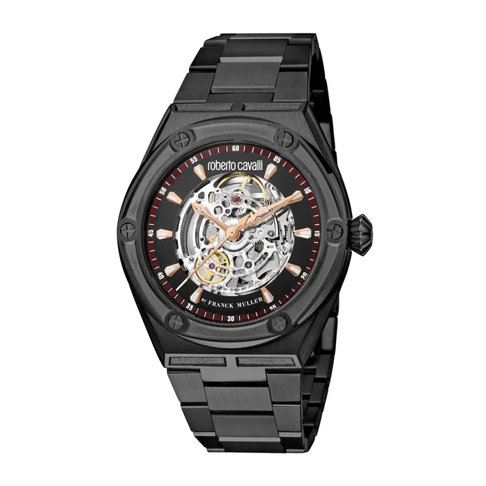 Bracelets Roberto Cavalli Mens Watch Matte Black Metal Bracelet With Black Case Skeleton Dial Roberto Cavalli
