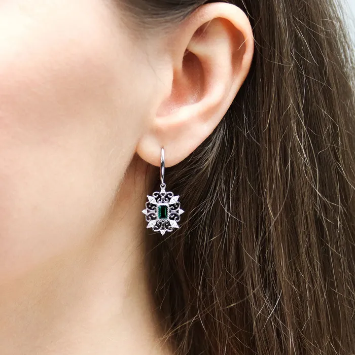 Earrings BERRICLE Art Deco Filigree Green CZ Fish Hook Earrings in Sterling Silver