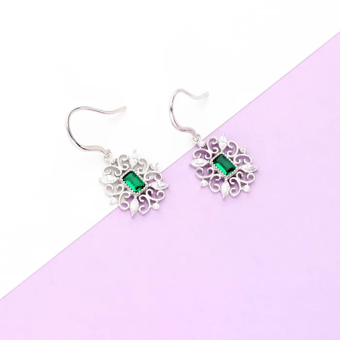 Earrings BERRICLE Art Deco Filigree Green CZ Fish Hook Earrings in Sterling Silver