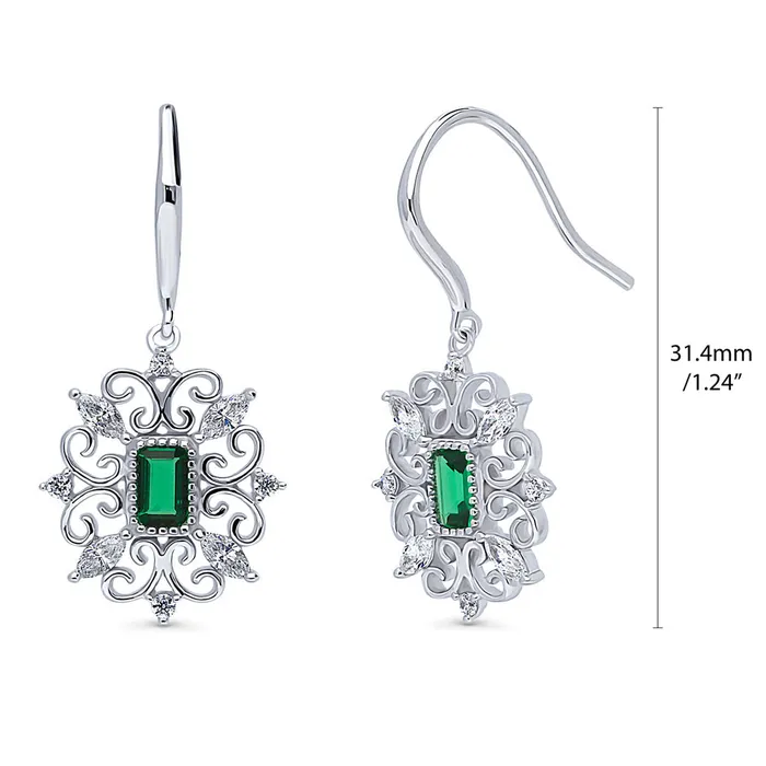 Earrings BERRICLE Art Deco Filigree Green CZ Fish Hook Earrings in Sterling Silver