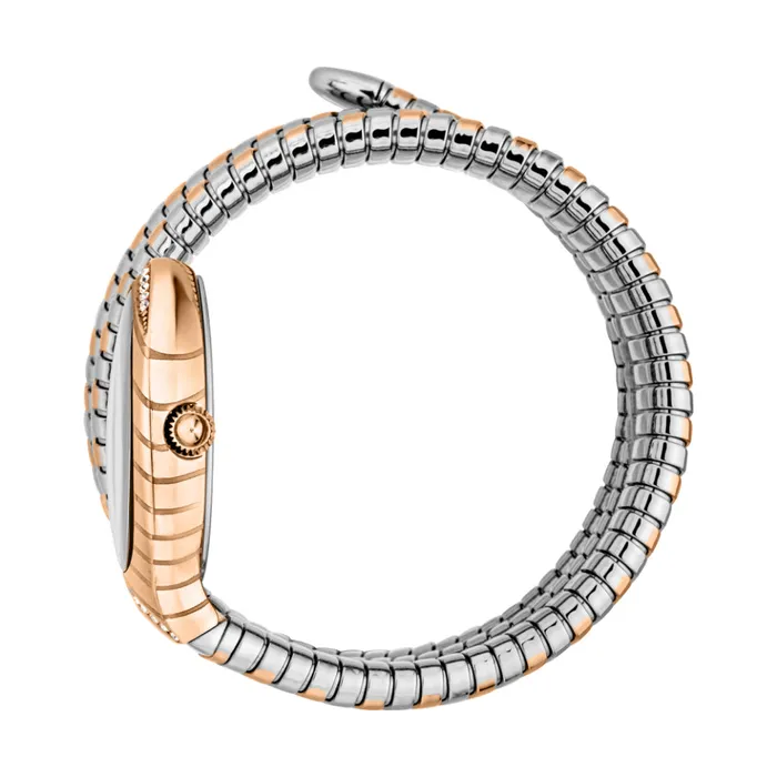 Just Cavalli Snake Shape Womens Watch Rose Gold Color Case Two Tone Bracelet Silver Dial Just Cavalli Bracelets