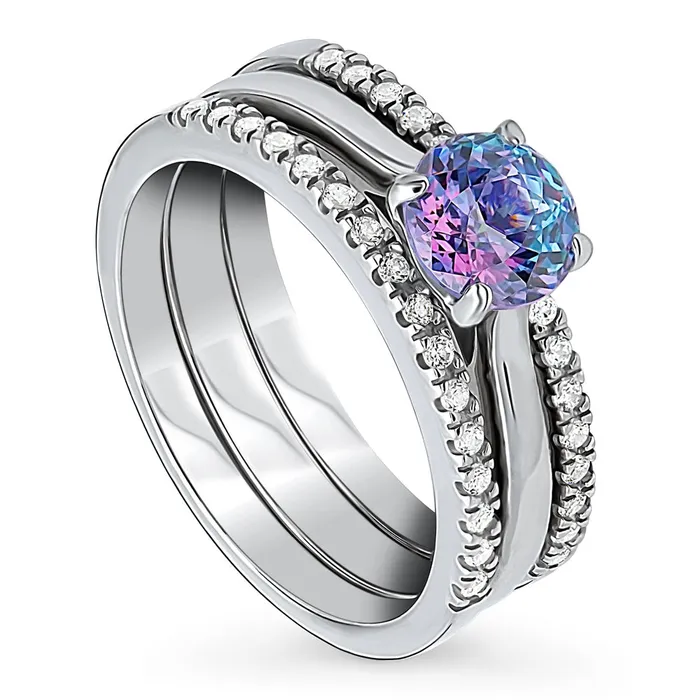 Solitaire Kaleidoscope Purple Aqua CZ Ring Set in Sterling Silver BERRICLE Rings