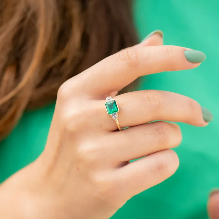 ARTEMER Rings Art Deco Emerald Engagement Ring with Baguette Diamonds