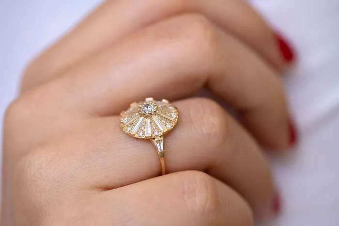 ARTEMER Rings Round Engagement Ring with Long Tapered Baguette Diamonds the Sun Temple Ring
