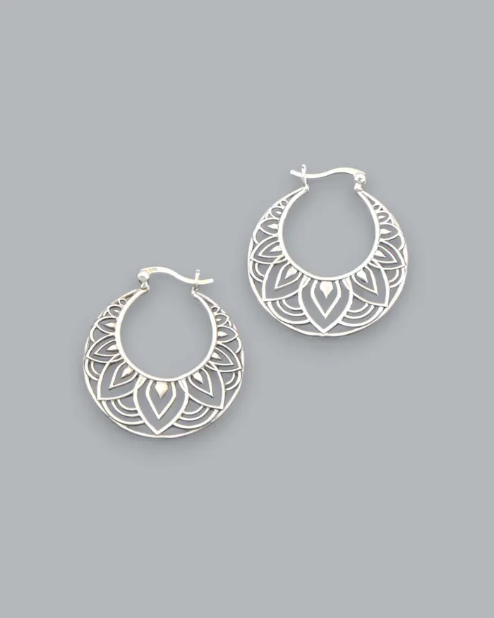 Cultural Elements Earrings Sterling Silver Lotus Mandala Hoop Earrings