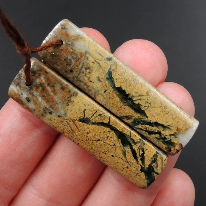 Earrings Drilled Natural Green Canyon Jasper Earring Pair Rectangle Cabochon Cab Pair Drilled Matched Earrings Bead Pair E3155 Intrinsic Trading