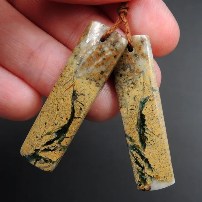 Earrings Drilled Natural Green Canyon Jasper Earring Pair Rectangle Cabochon Cab Pair Drilled Matched Earrings Bead Pair E3155 Intrinsic Trading