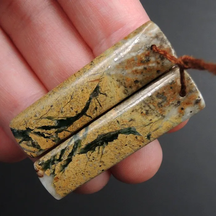 Earrings Drilled Natural Green Canyon Jasper Earring Pair Rectangle Cabochon Cab Pair Drilled Matched Earrings Bead Pair E3155 Intrinsic Trading
