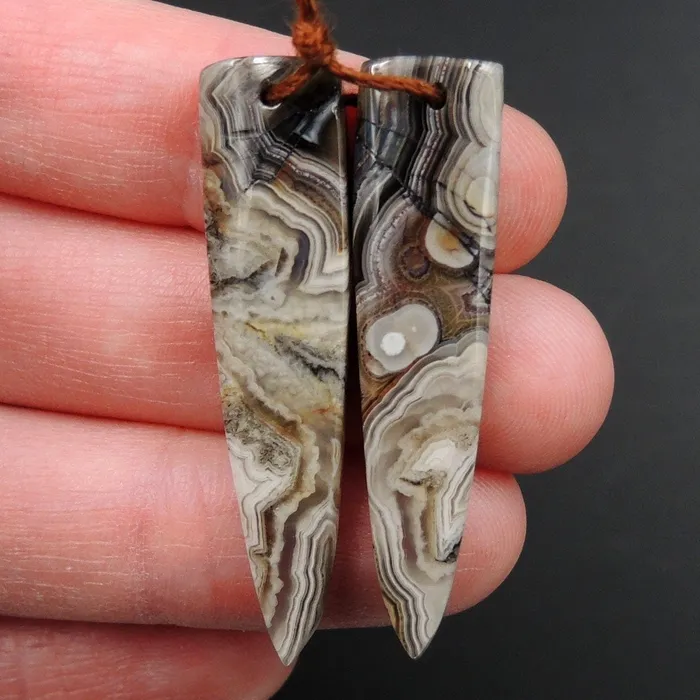 Earrings Natural Laguna Lace Agate Earring Pair Dagger Cabochon Cab Drilled Matched Earrings Bead Pair E3342 Intrinsic Trading