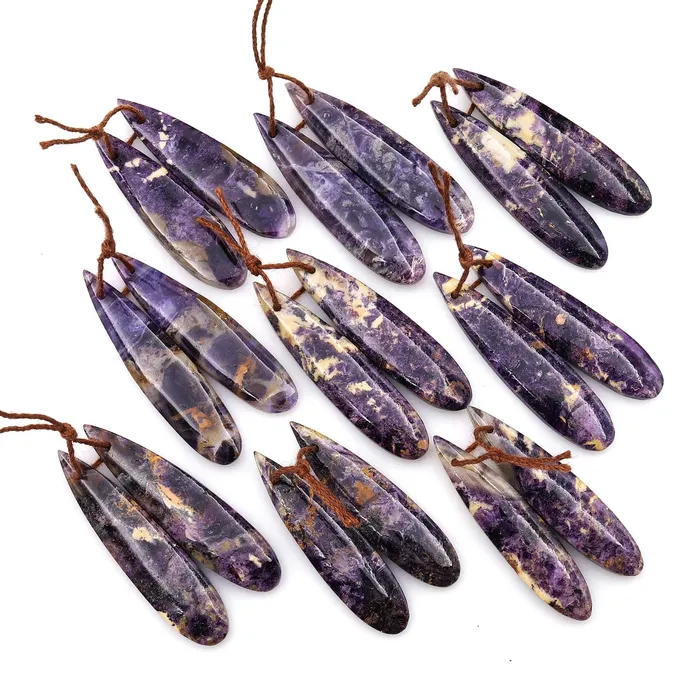 Intrinsic Trading Earrings Natural African Petrified Purple Opal Earring Pair Matched Long Slender Teardrop Gemstone Beads