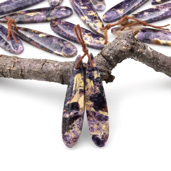 Intrinsic Trading Earrings Natural African Petrified Purple Opal Earring Pair Matched Long Slender Teardrop Gemstone Beads