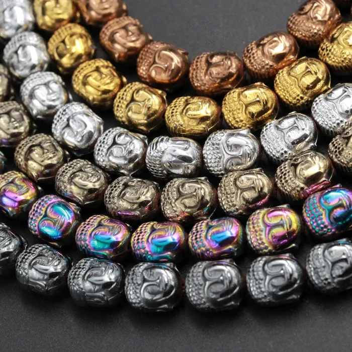 Rings Intrinsic Trading Titanium Hematite Carved Buddha Head Beads 10mm Shiny Metallic Bronze Gold Gunmetal Black Silver Rainbow Champagne Colors 8 Strand
